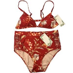 NWT Vintage Wine Red Floral Bikini Swim 2 PC SET with High Waist Bottoms – Large